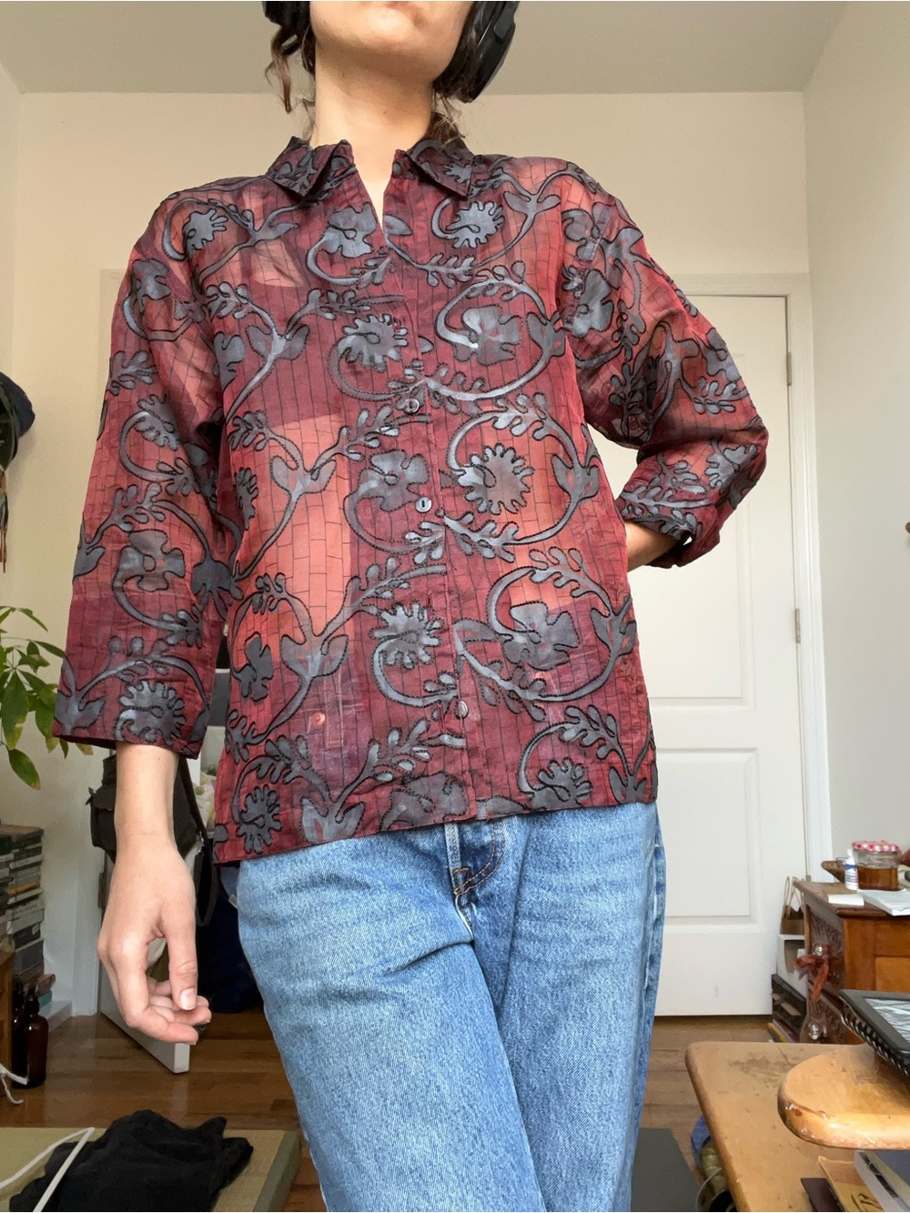Chico's Maroon and Charcoal Floral Embroidered Silk Blouse